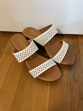Italian Shoemakers White Laser-Cut Double Strap Slide Sandals